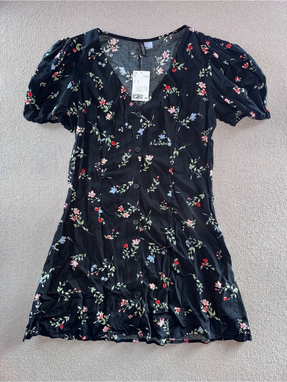 H&M Divided size medium Black Floral V-Neck Button Dress NWT